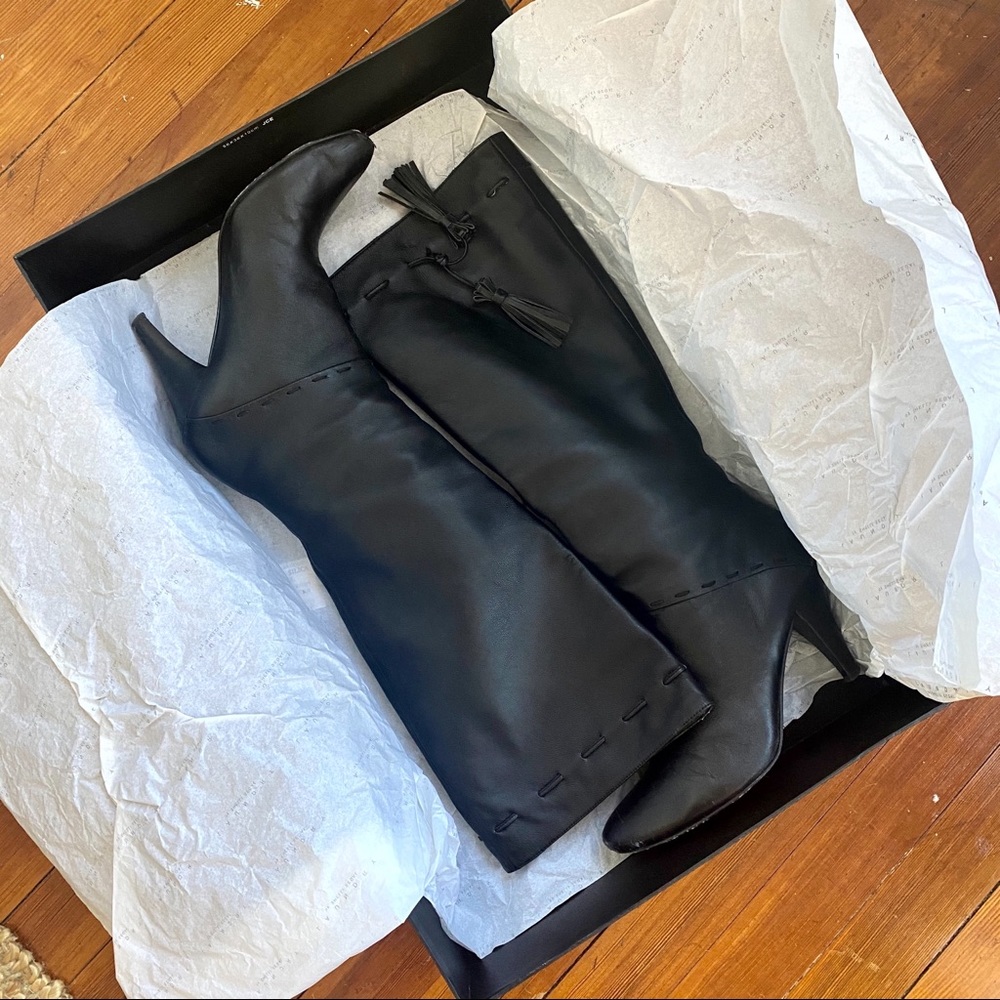 Laundry Knee High Black Leather Tassel Boots